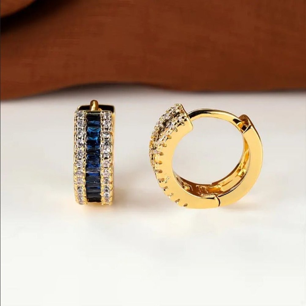 14K Gold Womens 1ct Blue Sapphire Gemstone 2ct Diamond Huggie Hoop Earrings 14 K - Picture 4 of 8